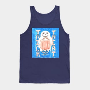 Trick or Treat Ghosty with Pumpkin Pail on Blue Background Tank Top